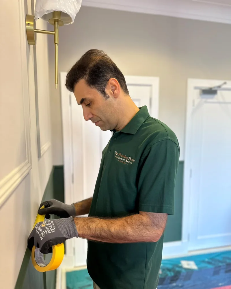 Decorator masking the panel mouldings before painting a hallway