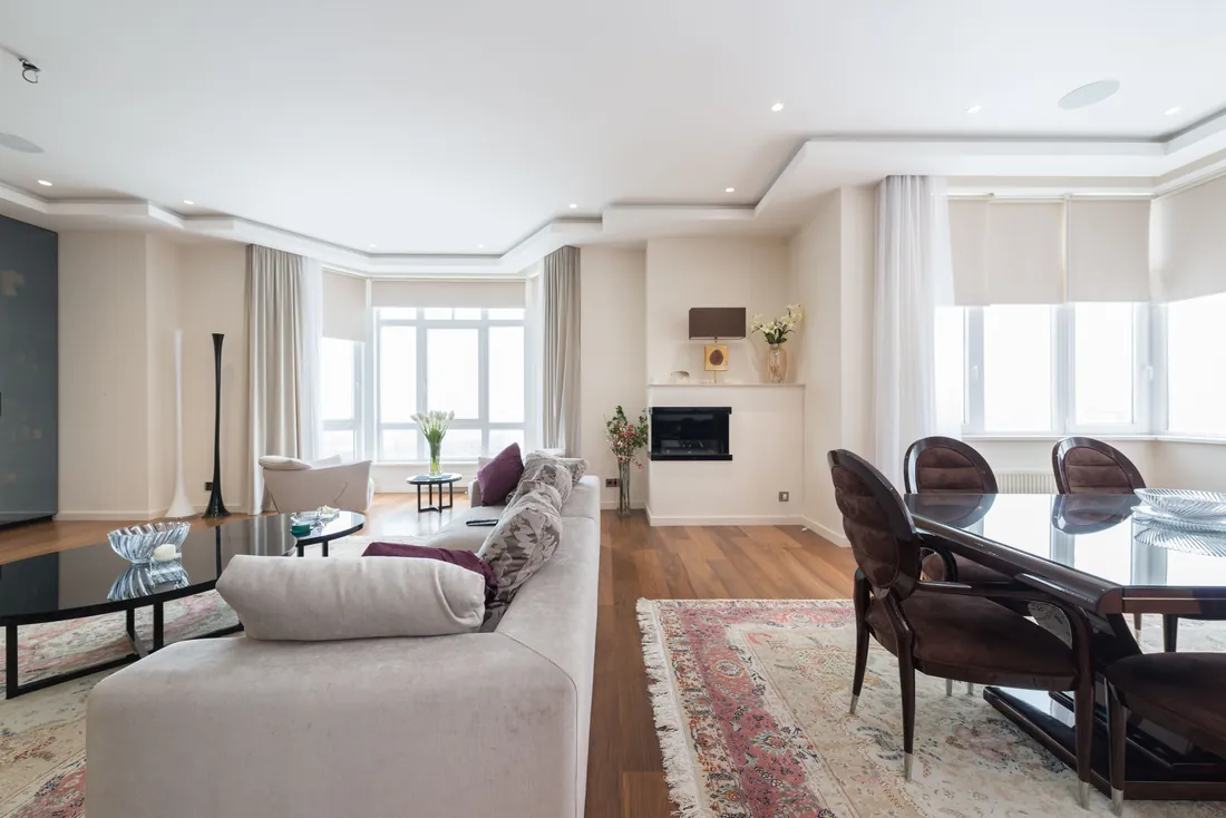Spacious classically styled living and dining room, London