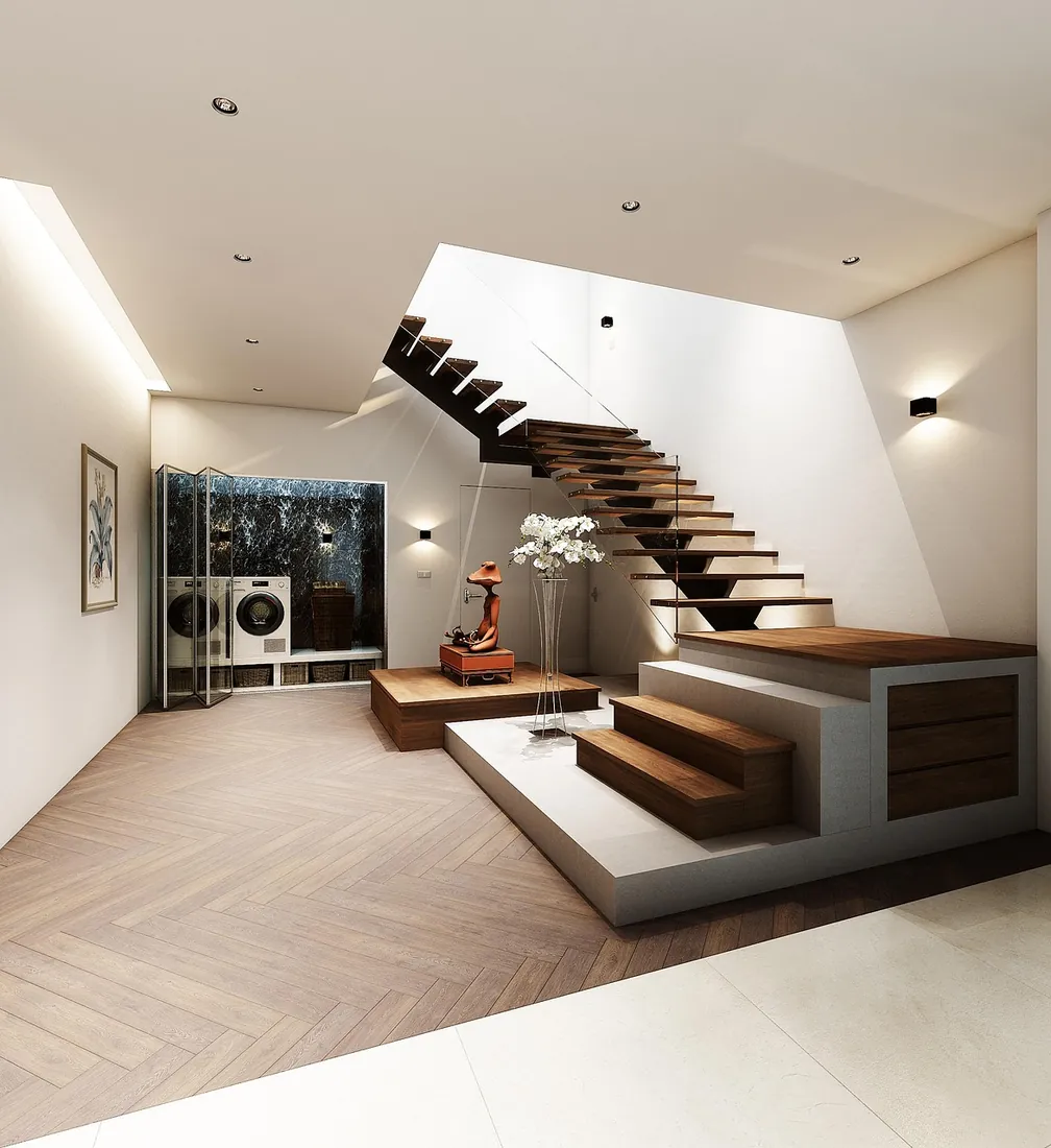 Decorated hallway and staircase with painted balustrade, London
