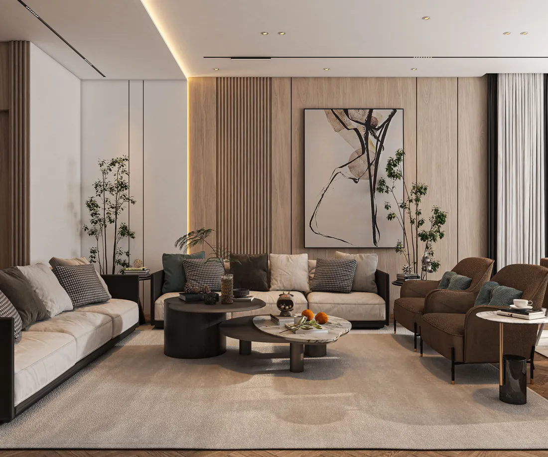 Sophisticated living room with abstract art, London