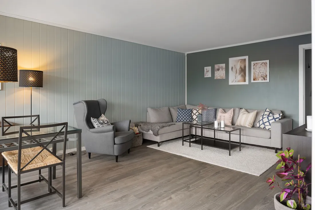 Modern living room with grey painted walls, London