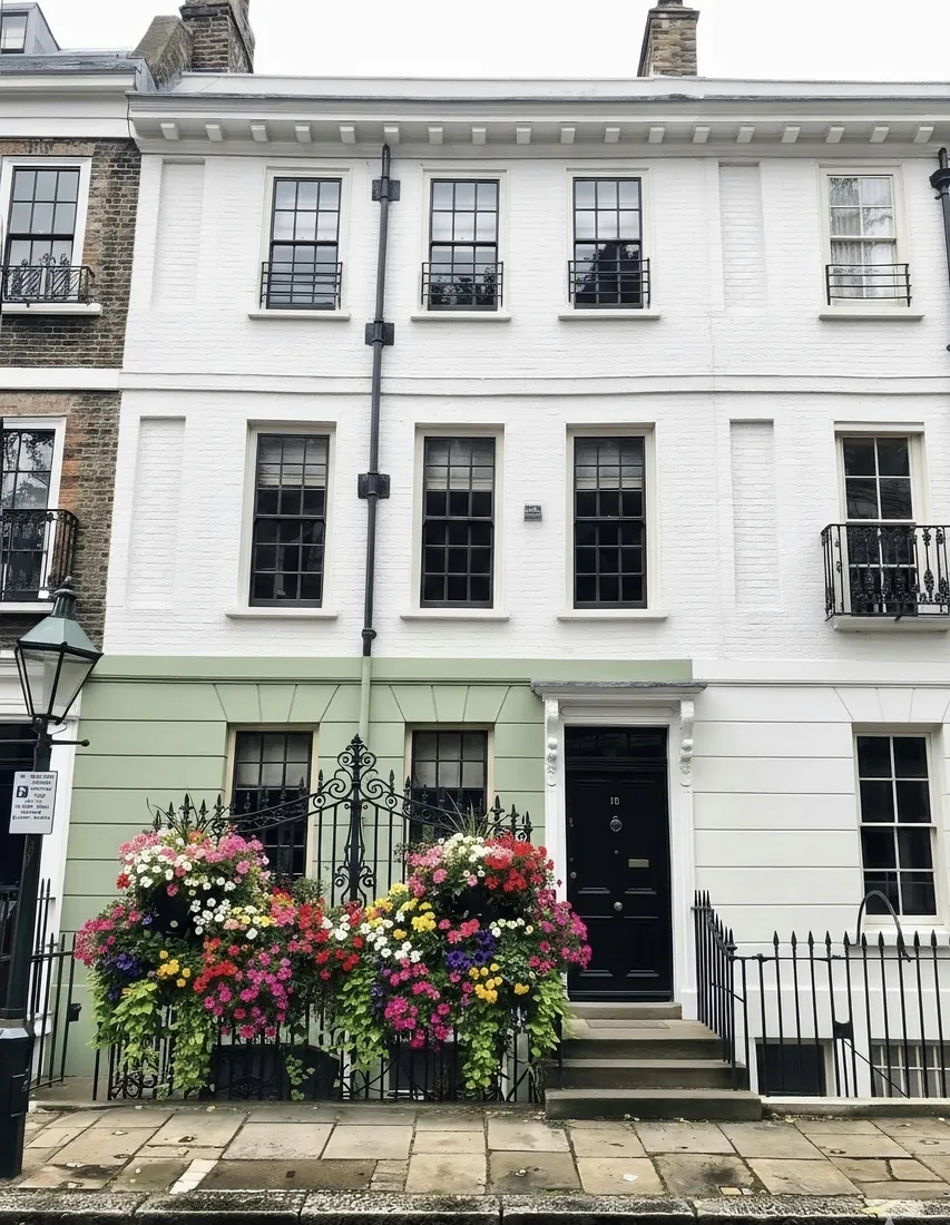 White stucco terrace with a green painted lower frontage, London