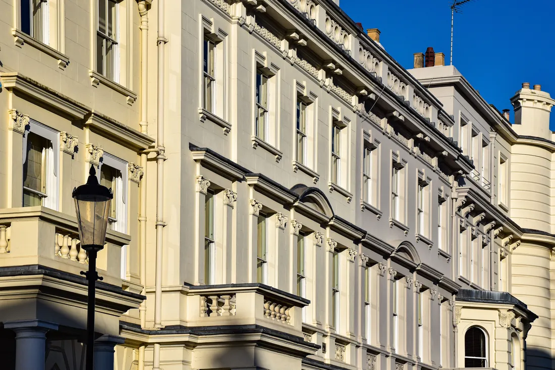 White stucco period townhouse, Kensington, London