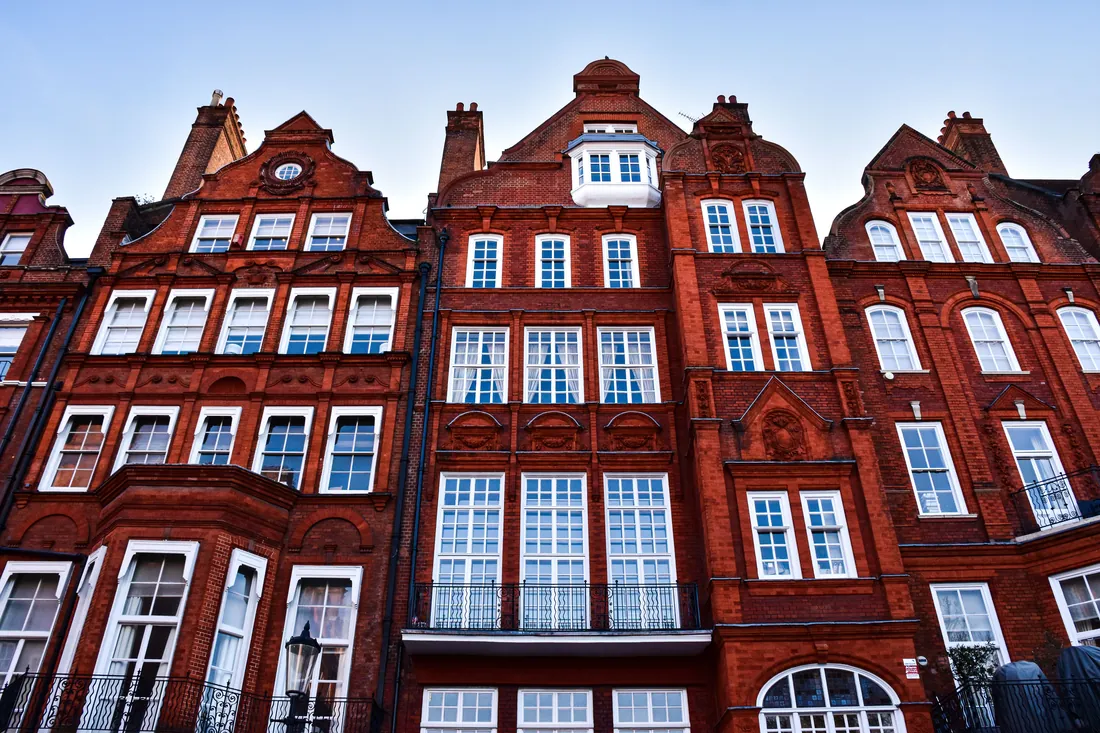 Period mansion block façade with stone dressings, Knightsbridge, London