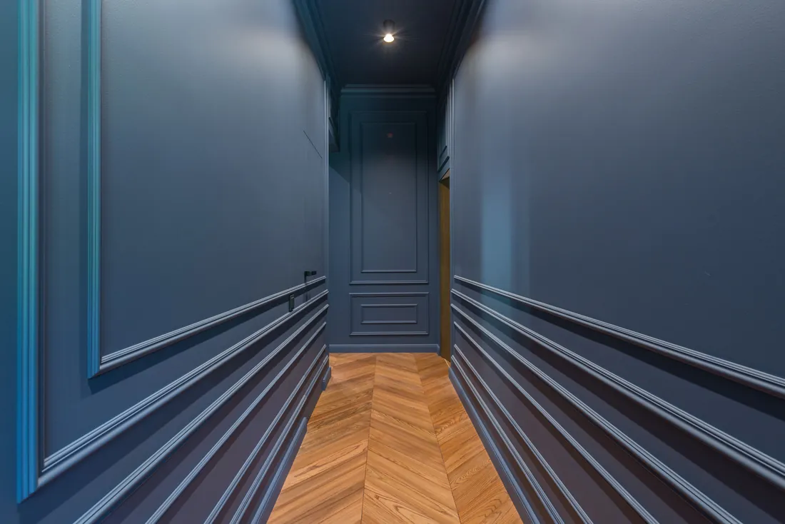 Close detail of a painted panelled door and woodwork, London
