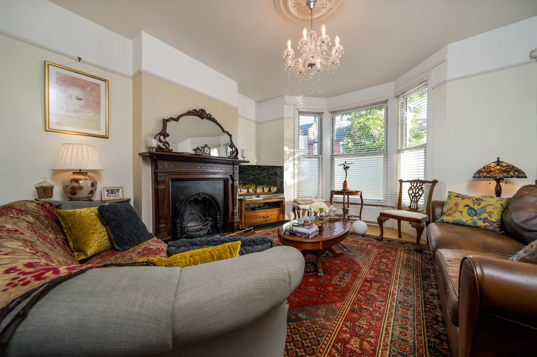 Decorated period reception room, wide view, London