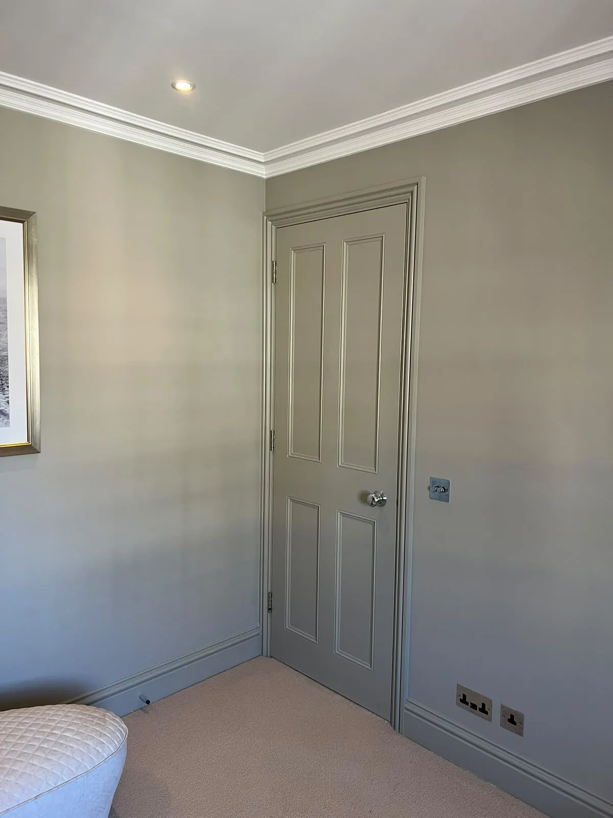 Bedroom in sage grey, door and frame matched, Chelsea