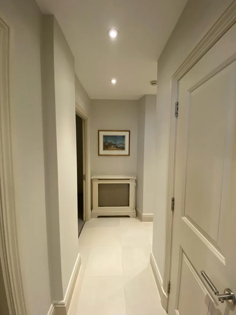 Hallway in soft grey with painted doors, Belgravia