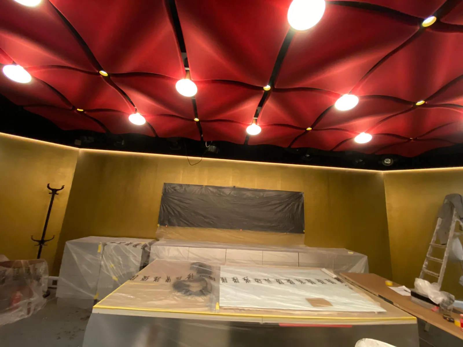 Red ceiling and gold walls, commercial interior, Central London