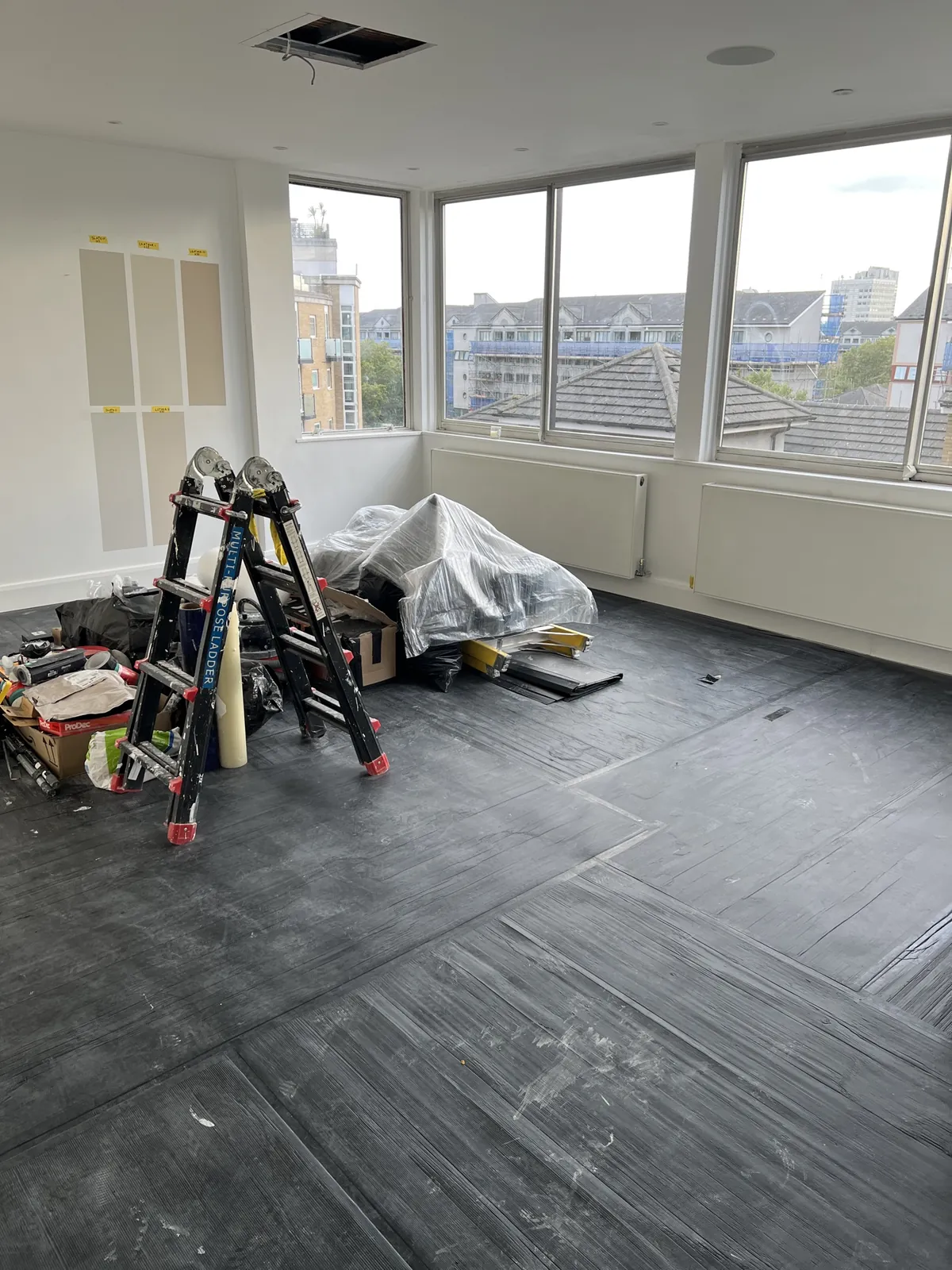 Living room protected, samples on the wall, St John's Wood