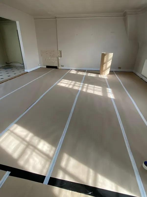 Drawing room floor sheeted and taped, Mayfair
