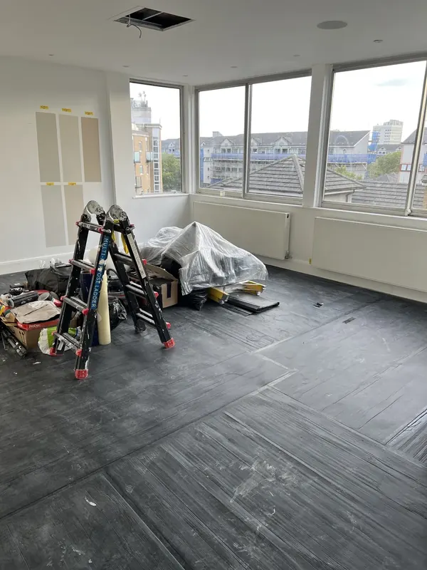 Living room protected, samples on the wall, St John’s Wood